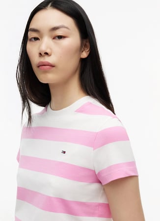 Tommy Jeans Pembe Kadın Bisilet Yaka Çizgili T-Shirt DW0DW238010D1