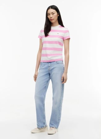 Tommy Jeans Pembe Kadın Bisilet Yaka Çizgili T-Shirt DW0DW238010D1