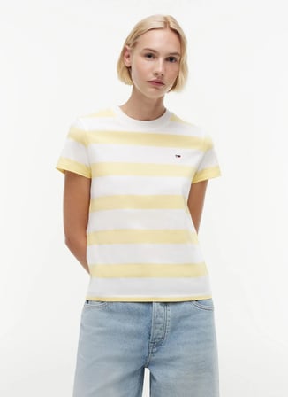 Tommy Jeans Sarı Kadın Bisiklet Yaka Çizgili T-Shirt DW0DW238010FP