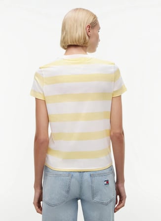 Tommy Jeans Sarı Kadın Bisiklet Yaka Çizgili T-Shirt DW0DW238010FP
