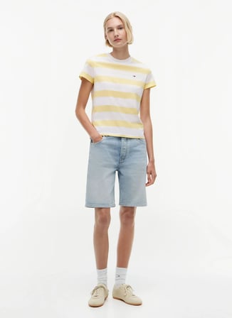 Tommy Jeans Sarı Kadın Bisiklet Yaka Çizgili T-Shirt DW0DW238010FP