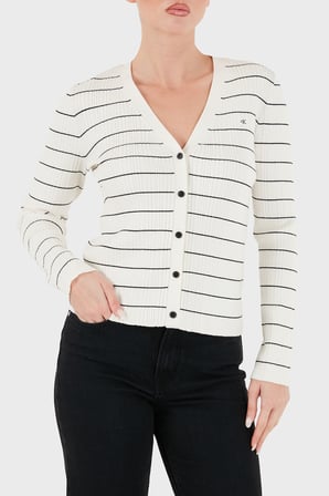 Calvin Klein Çizgili V Yaka Düğmeli Kazak LV047H310GYAS Kadın KAZAK LV047H310G YAS KREM