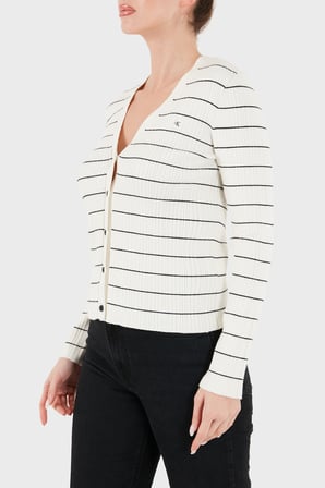 Calvin Klein Çizgili V Yaka Düğmeli Kazak LV047H310GYAS Kadın KAZAK LV047H310G YAS KREM