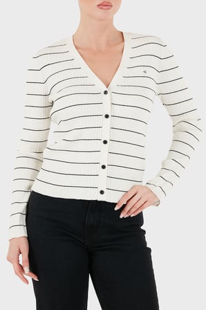 Calvin Klein Çizgili V Yaka Düğmeli Kazak LV047H310GYAS Kadın KAZAK LV047H310G YAS KREM