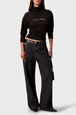 Calvin Klein Logolu % 100 Pamuk Balıkçı Yaka Kazak LV047H329GUB1 Kadın KAZAK LV047H329G UB1 SİYAH