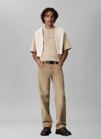 Calvin Klein Bej Erkek Bisiklet Yaka T-Shirt LV040HM228PF0_SS RLXD 16s STD LOGO