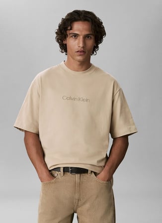 Calvin Klein Bej Erkek Bisiklet Yaka T-Shirt LV040HM228PF0_SS RLXD 16s STD LOGO