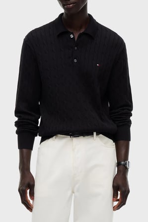 Tommy Hilfiger Örgü Desenli Triko Düğmeli Polo Yaka Kazak Erkek KAZAK MW0MW41955 BDS SİYAH