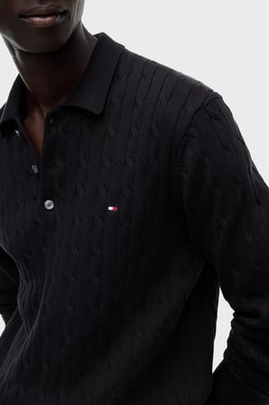Tommy Hilfiger Örgü Desenli Triko Düğmeli Polo Yaka Kazak Erkek KAZAK MW0MW41955 BDS SİYAH
