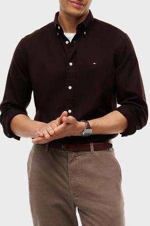 Tommy Hilfiger Pamuklu Regular Fit Logolu Düğmeli Yaka Gömlek Erkek GÖMLEK MW0MW40469 HJT KOYU KAHVE