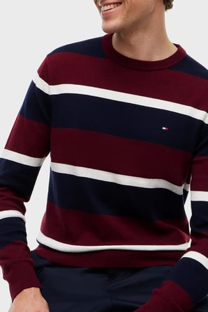 Tommy Hilfiger Pamuk ve Kaşmir Karışımlı Regular Fit Bisiklet Yaka Kazak Erkek KAZAK MW0MW28046 0A7 BORDO-LACİVERT
