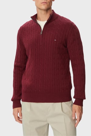 Tommy Hilfiger Örgü Desenli Pamuklu Yarım Fermuarlı Dik Yaka Kazak Erkek KAZAK MW0MW36532 VLP BORDO