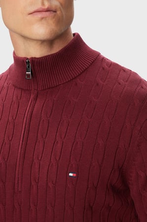 Tommy Hilfiger Örgü Desenli Pamuklu Yarım Fermuarlı Dik Yaka Kazak Erkek KAZAK MW0MW36532 VLP BORDO