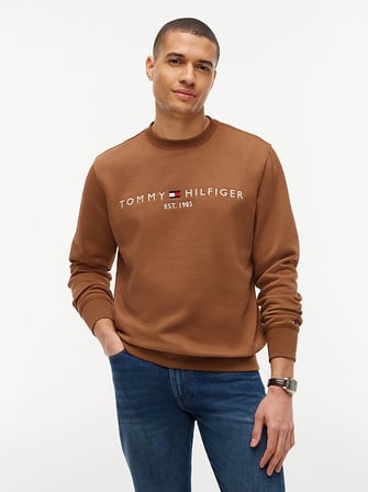 TOMMY HILFIGER Erkek Göğüste Marka Logolu ve Marka İmzalı Bisiklet Yakalı Organik Pamuklu Kollarda Marka Bayrak Detaylı Taba Sweatshirt MW0MW11596 GVH