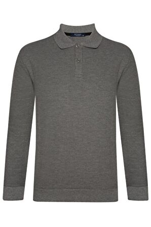 Süvari Classics Rahat Kalıp Waffle Zemin Desenli Gri Polo Yaka Mevsimlik Sweatshirt