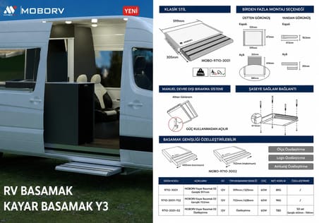 MoboRv Y3 599mm 12v İnce Gövde, Manuel Acil Açma Kayar Elektrikli Karavan Basamağı