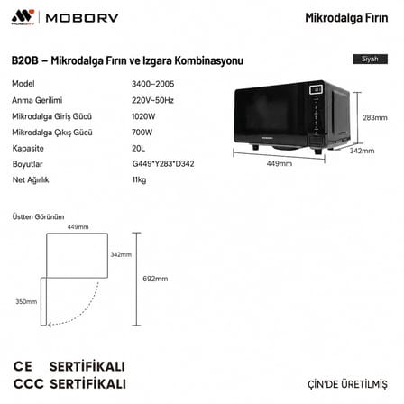 MoboRv B20B 20L Siyah Ankastre Uyumlu Karavan Mikrodalga Fırın