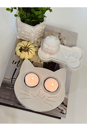 El yapımı beton kedi gözlü tealight mumluk Beyaz / Tek Ebat