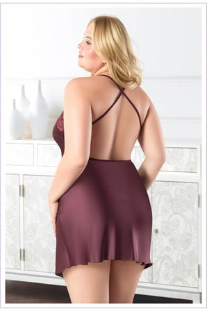Kadın Büyük Beden Desenli Saten Gecelik - Kırmızı Dantelli Plus Size Gecelik