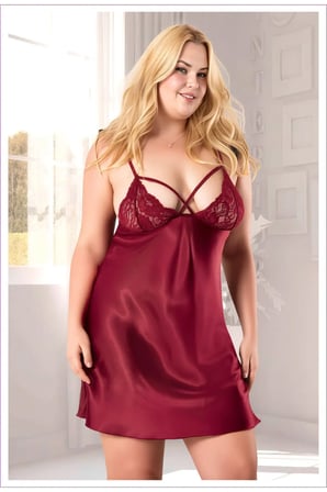 Kadın Büyük Beden Desenli Saten Gecelik - Kırmızı Dantelli Plus Size Gecelik
