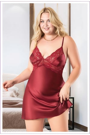 Kadın Büyük Beden Desenli Saten Gecelik - Kırmızı Dantelli Plus Size Gecelik