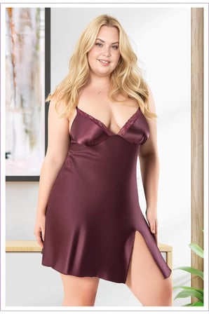 Kadın Büyük Beden Desenli Saten Gecelik - Kırmızı Dantelli Plus Size Gecelik