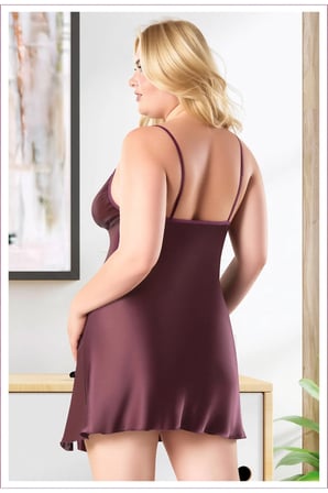 Kadın Büyük Beden Desenli Saten Gecelik - Kırmızı Dantelli Plus Size Gecelik