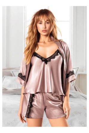 Kadın Saten 3'lü Şortlu Pijama Takımı Dantel Detaylı Şık Ev Giyimi