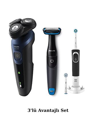 Philips S5445 Islak/Kuru Sinek Kaydı Tıraş Makinesi - Banyo Vücut Tıraş - Oral-B Diş Fırçası 3'lü Set