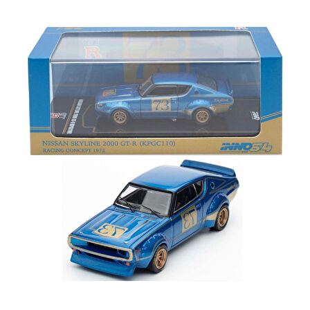 1:64 Diecast Nissan Skyline 2000 GT-R KPGC110 Racing Concept Blue Inno Model Araba