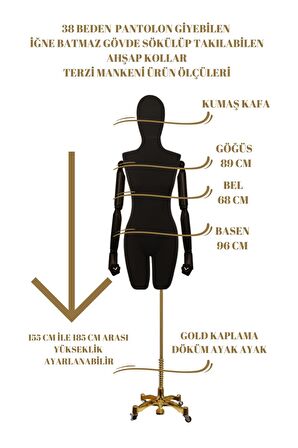 Lüks Gold Ayaklı Pantolon Giyebilen 38 Beden Ahşap Kollu Terzi Vitrin Mankeni