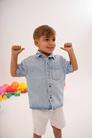 Kot Gömlek Mavi ve Beyaz Beli Lastikli Kot Şort (3- 10 Yaş)