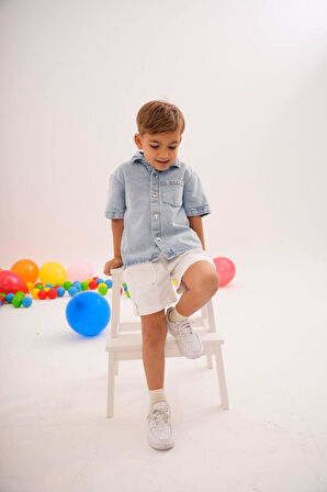 Kot Gömlek Mavi ve Beyaz Beli Lastikli Kot Şort (3- 10 Yaş)