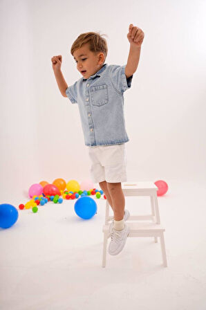 Kot Gömlek Mavi ve Beyaz Beli Lastikli Kot Şort (3- 10 Yaş)