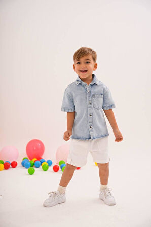 Kot Gömlek Mavi ve Beyaz Beli Lastikli Kot Şort (3- 10 Yaş)