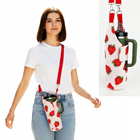 Woodycord El Yapımı Çilek Matara Termos Kılıfı Kulplu Model Quencher Pipetli 1,18