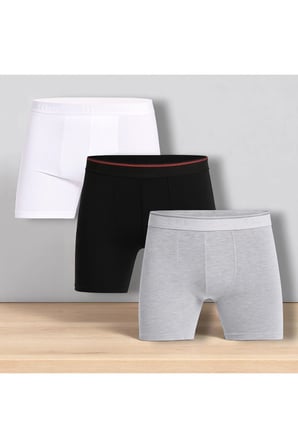 Erkek Pamuklu Likralı Uzun Paça Siyah-Gri-Beyaz 3'lü Boxer