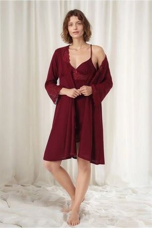 Kadın Bordo Penye Gelin 6'lı Çeyiz Seti Sabahlık & Gecelik & Pijama Şortlu Takım Q9U6O1K0KKA