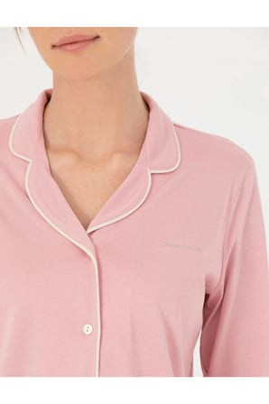 Kadın Gül Kurusu Pamuklu Modal Boydan Patlı Kutulu Pijama Takımı Q8.U.8O.K2.K.A8.P.C