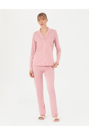 Kadın Gül Kurusu Pamuklu Modal Boydan Patlı Kutulu Pijama Takımı Q8.U.8O.K2.K.A8.P.C