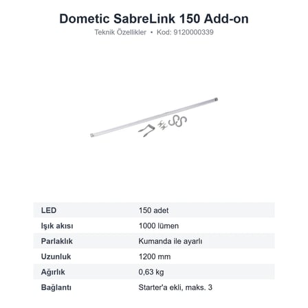 Dometic SabreLink 150 Add-on Ön Çadır LED Lambası, 150 LED 1000 Lümen Ek Ünite (9120000339)