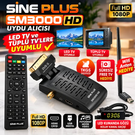 SinePlus SM3000 Full HD Uydu Alıcısı  LED ve Tüplü TV Uyumlu, WiFi Anten Hediyeli, Süresiz Free TV, TKGS, LED Kumanda Gözü