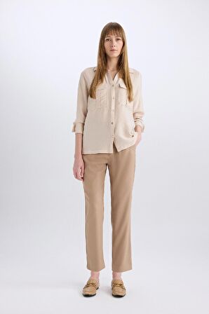 DeFacto Slim Fit Dar Kesim Cepli Yüksek Bel Kısa Paça Basic Düz Kumaş Pantolon A5197AX23WNBG577