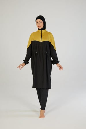 Estiva 26967 Siyah Golden Tam Kapalı Pantolonlu Fermuarlı Uzun Tesettür Mayo