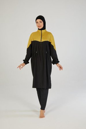 Estiva 26967 Siyah Golden Tam Kapalı Pantolonlu Fermuarlı Uzun Tesettür Mayo