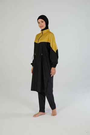Estiva 26967 Siyah Golden Tam Kapalı Pantolonlu Fermuarlı Uzun Tesettür Mayo