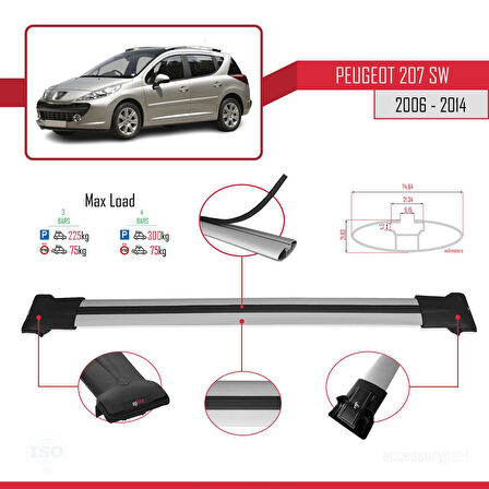 Peugeot 207 SW 2006-2014 Arası ile Uyumlu FLY Model Ara Atkı Tavan Barı Gri 3 Adet