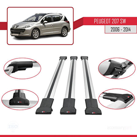 Peugeot 207 SW 2006-2014 Arası ile Uyumlu FLY Model Ara Atkı Tavan Barı Gri 3 Adet