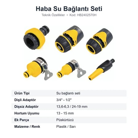Haba Karavan Kamp Su Bağlantı Seti Musluk Adaptörlü 13-15 mm Hortum (HB2402570H)