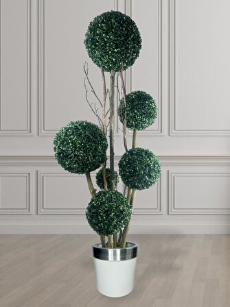 Yapay Ağaç Gümüş Kemerli Beyaz Galvaniz Saksıda Yeşil Top Şimşir Ağacı 6 Toplu 175cm Yapay Çiçek